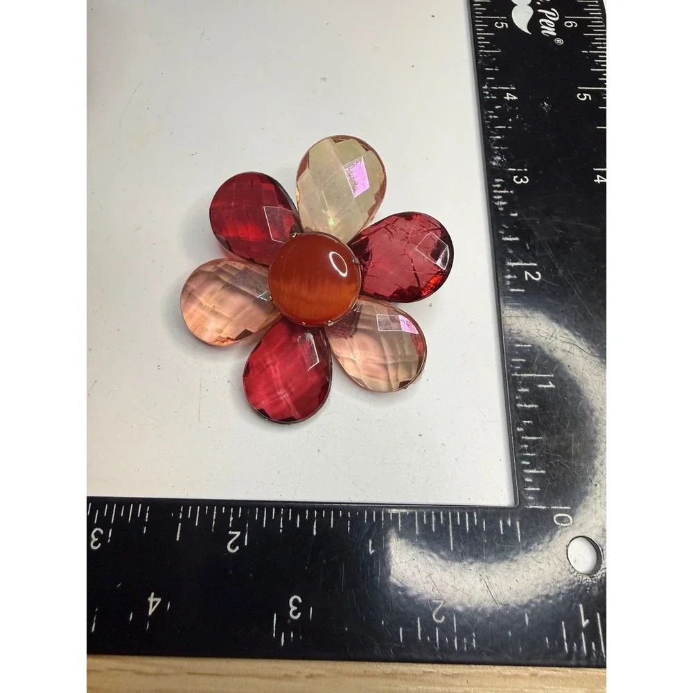 Large Red Pink Flower Brooch Faceted Iridescent Petals Statement Pin 2.75 Inch